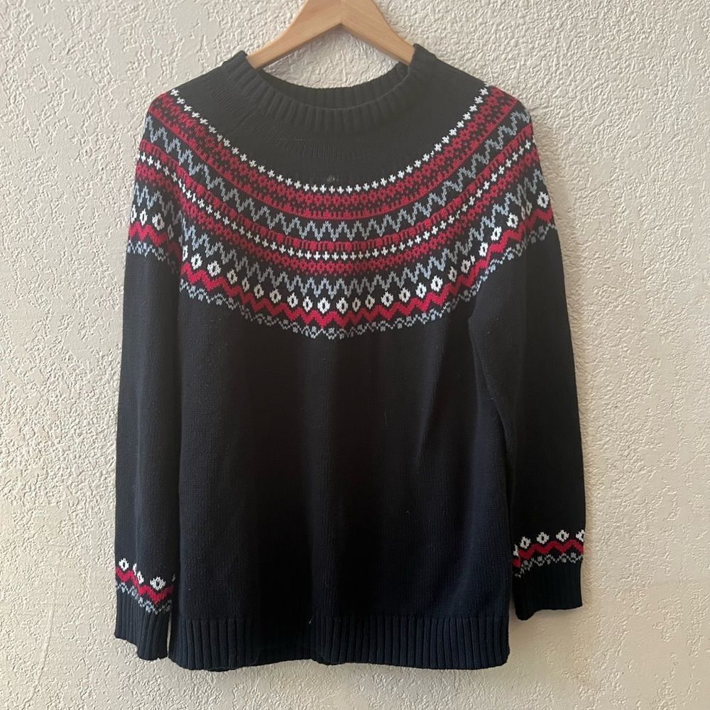 Vintage Blair Fair Aisle Sweater Sz L/XL Black Red Tunic Length‎ Holidays